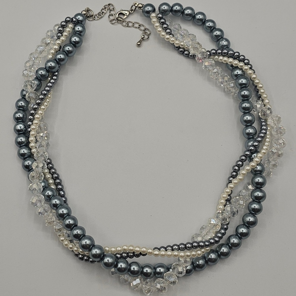 Multi-Strand Faux Pearl & Crystal Bead Necklace Wedding Bridal Formal - Picture 4 of 7
